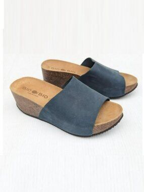 Bio Bio Platform Wedge Sandal Slides Blue Suede Leather Women's 8